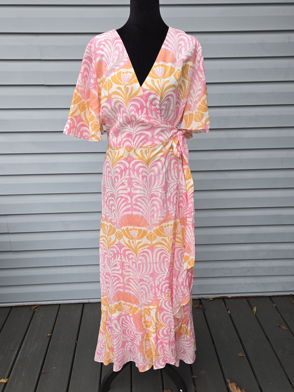 J.McLaughlin Pink & Orange Floral Wrap Midi Dress M Boho Resort Flutter Sleeve